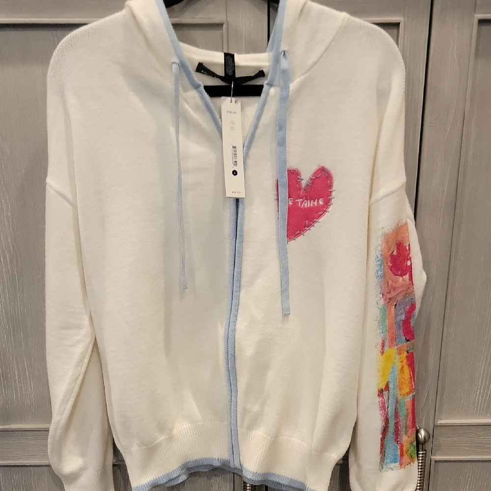 ❤️Aqua White and Pink Heart zip up cardigan 💕